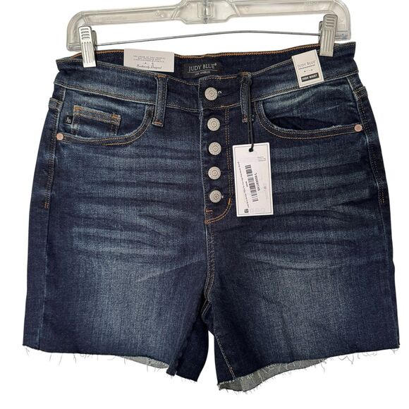 Judy Blue Jean Shorts Size L High Waist Cut Offs Raw Hem Button Fly JB15269 - Picture 16 of 16